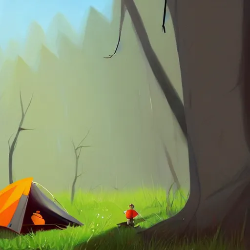 Prompt: goro fujita ilustration hiker setting up a tent in the forest, painting by goro fujita, sharp focus, highly detailed, artstation