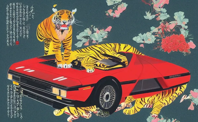 Image similar to a red delorean with a yellow tiger, art by hsiao - ron cheng and utagawa kunisada in a magazine collage, # de 9 5 f 0