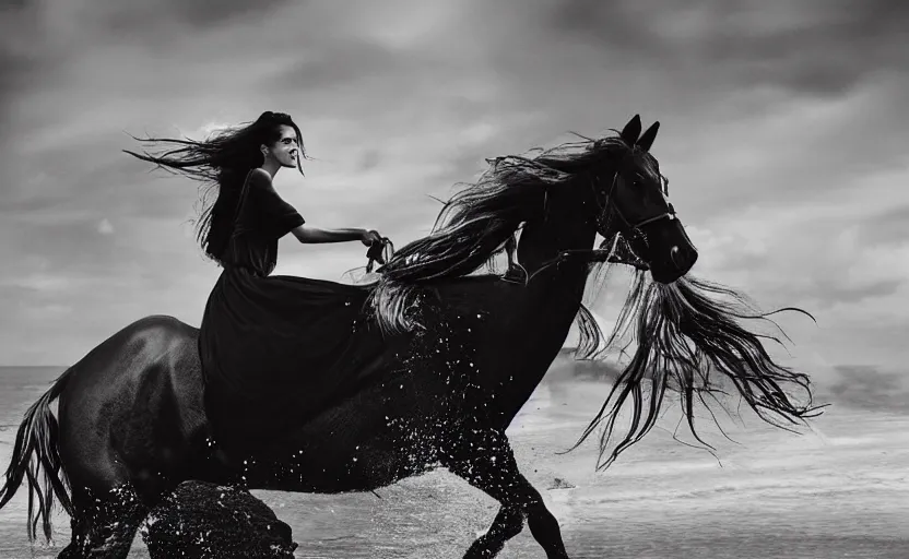 Image similar to an editorial in Vogue of a female model riding a horse along a beautiful beach, long hair and floating dress in the wind, by Peter Lindberg, etheral, dramatic, 8k, ultra detailed digital art