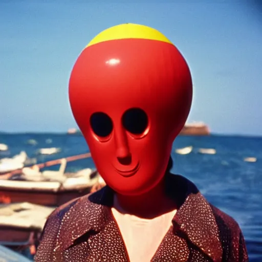 Image similar to 1976 middle aged woman wearing a transluscent inflatable toy head in a small fishing village 1976 French film archival footage technicolor film expired film 16mm Fellini new wave John Waters movie still