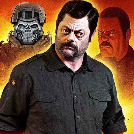 Image similar to “Nick Offerman (with accurate face) as soldier in the DOOM game, photorealistic 8k, original doom cover style”