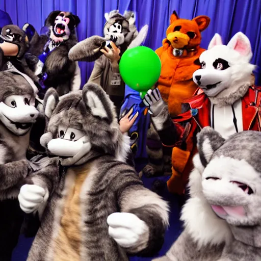 Prompt: A photograph taken at a furry convention of fursuiters having fun