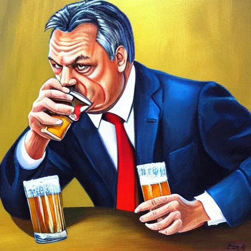Image similar to viktor orban drinking beer, anatomically correct, oil painting, highly detailed