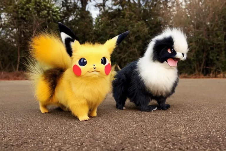 Image similar to real life pokemons, cute!!!, content!!!, mischievous!!!, adorable!!!, fluffy!!!, ultra realistic!!!, golden hour, sharp focus