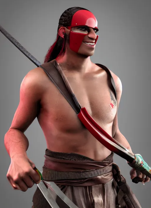 Prompt: chad cyborb brazilian man, with ponytail, smiling, with a red katana, fullbody, professional photography, octane render