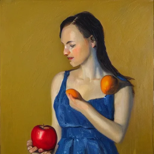 Prompt: a human posing while holding an apple, oil on canvas