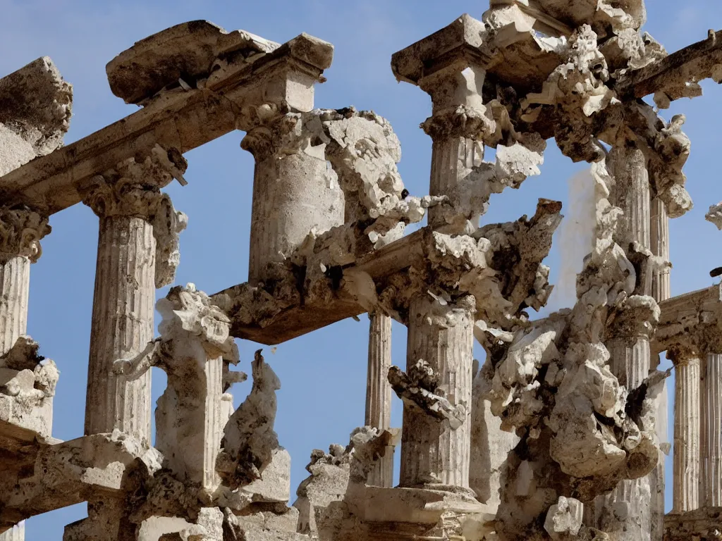 Image similar to pieces of greek sculptures and archidecture suspended in air, ancient greek ruins and pillars suspended in air, falling from sky, with debris and destruction falling from sky, mid air, debris flying around, swirls of fire