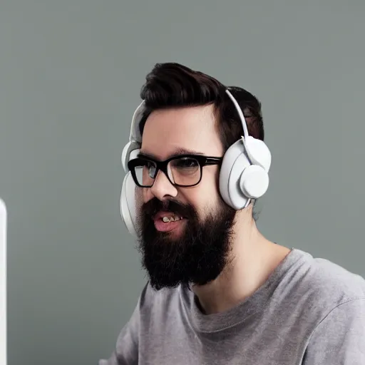 Prompt: hipster with white beard and wearing a headset at a computer