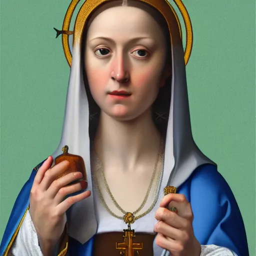 Prompt: Renaissance portrait of a holy catholic female saint, trending on art station, 4k UHD, 8k, painting illustration, high detail by Peter Stephens