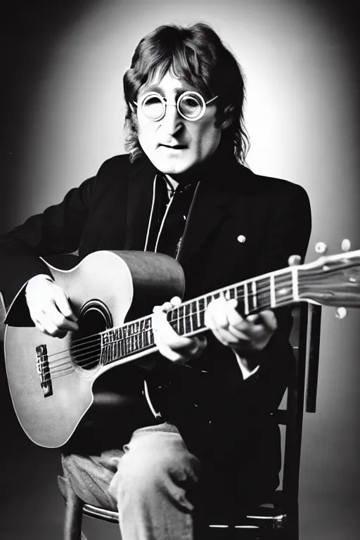 Image similar to 80 years old john lennon posing with a guitar, good-looking old man , promo shoot, studio lighting