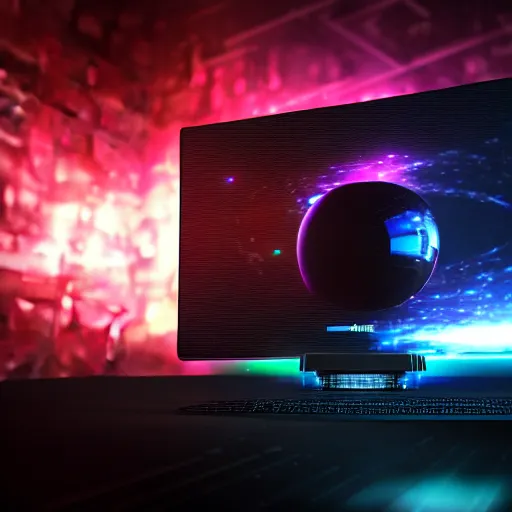 Image similar to a galactic overpowered computer. Overpower, Overclocking, mat black metal, space colors RGB stripes, alienware, Beautiful dramatic dark moody tones and lighting, Ultra realistic details, cinematic atmosphere, studio lighting, shadows, space colors walls background, Octane render, 8K