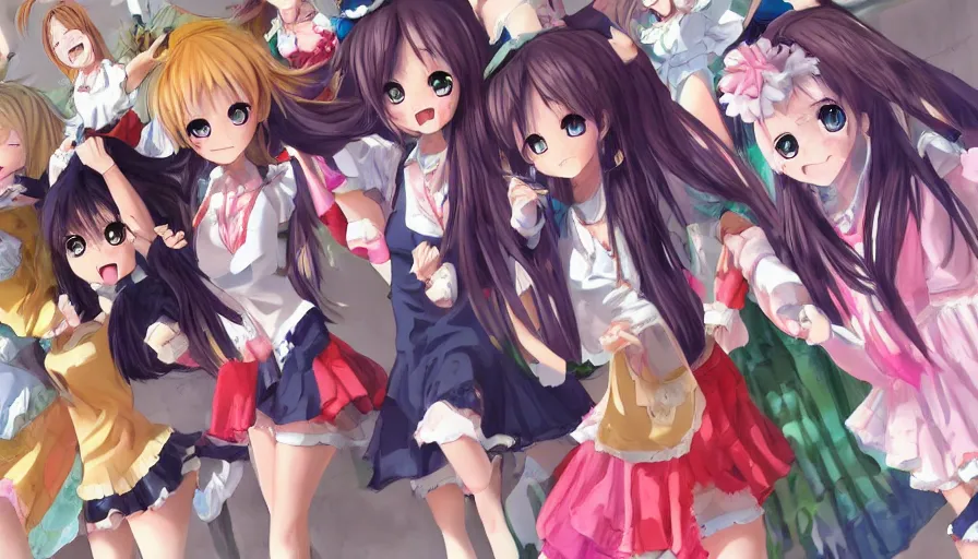 Image similar to group of cute anime characters jumping, colorful outfits, realistic face, detailed face, detailed eyes, short miniskirts, lightly dressed, ultra detailed digital art, hyper real, detailed, group photo, ultra detailed, ground up angle