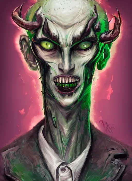 Prompt: a demon slayer portrait of wilson from don't starve, tall, pale - skinned, slender with lime green eyes and long eyelashes by stanley artgerm, tom bagshaw, arthur adams, carne griffiths, trending on deviant art, street art, face enhance, chillwave, maximalist, full of color, glittering