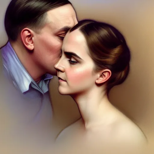 Image similar to Beautiful face Portrait of Adolf Hitler and Emma Watson drinking together, powerful , magic, thunders, dramatic lighting, intricate, wild, highly detailed, digital painting, artstation, concept art, smooth, sharp focus, illustration, art by artgerm and greg rutkowski and alphonse mucha, footage from space camera