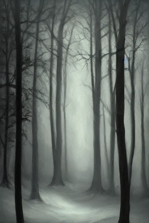 Image similar to dark and spooky woods. atmospheric, foggy, oil painting on canvas. fairytale with a wolf with glowing white eyes