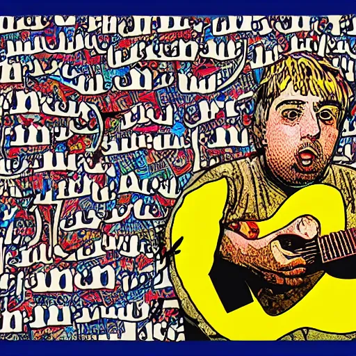 Image similar to daniel johnston in the style of daniel johnston and outsider art, 4k, overlaid with arabic adverts and text