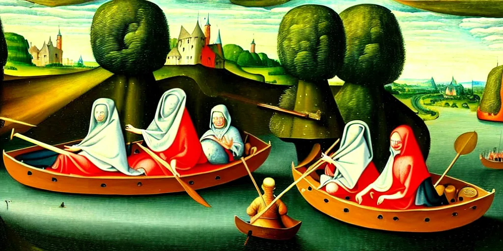 Image similar to A very detailed painting in the style of Hieronim Bosch featuring a river in Europe surrounded by trees and fields. A rubber dinghy is slowly moving through the water. Sun is shining