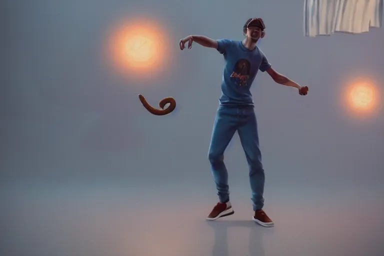 Image similar to a churro is dancing to Jamiroquay wearing sweat pants, 3d scene, render, ultra realistic, zenith view, Greg Rutkowski, artstation, cgsociety, level design, unreal engine, 3d scene, render, ultra realistic, zenith view, Enki Bilal style