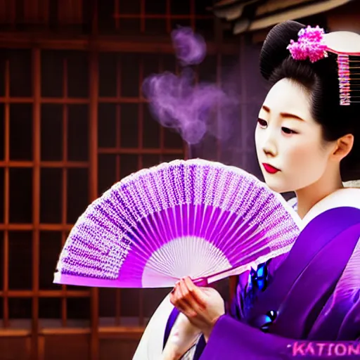 Image similar to Japanese geisha with beautiful violet paper fan, 4k photography, 30 mm lens, cinematic light, warm atmosphere, in style of Kar Wai Wong, cigarette smoke trail