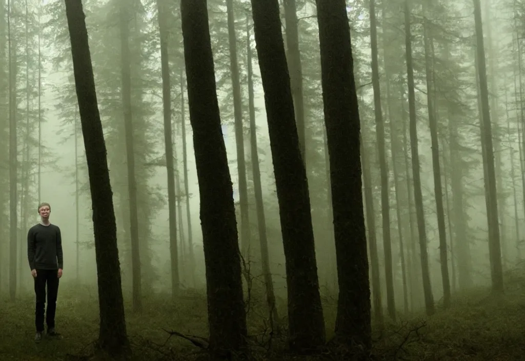 Image similar to low quality iphone photo of mark zuckerberg standing ominously deep in the foggy woods with a demonic smile in his face, low visibility creepy, grainy, trail cam footage