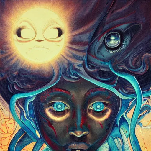 Image similar to a painting of the eyes of the sun by james jean, dark fantasy art, high detail, trending on artstation