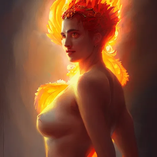 Image similar to a beautiful portrait of a fire goddess, flaming background, a detailed painting by greg rutkowski and raymond swanland, featured on cgsociety, fantasy art, detailed painting, artstation hd, photorealistic