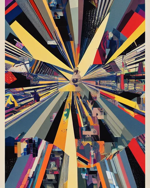 Prompt: A mid-century modern collage, made of random geometric segments from fashion magazines, science magazines, and textbooks, of 2001: A Space Odyssey film poster. 1968