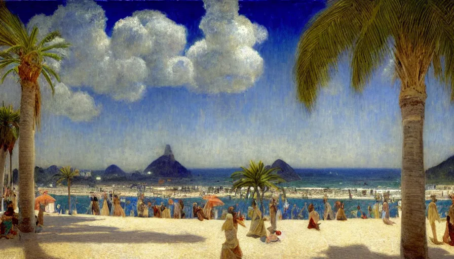 Image similar to a ultradetailed beautiful painting of the thunderstorm sky of the rio de janeiro palace balustrade designed by jules bastien - lepage, tarsila do amaral, frank weston and gustave baumann, beach, trending on artstation, mediterranean, palm trees, sharp focus, colorful refracted sparkles and lines, soft light, 8 k 4 k