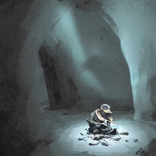 Image similar to an adventurer finding a cake in a dark mysterious cave, digital art