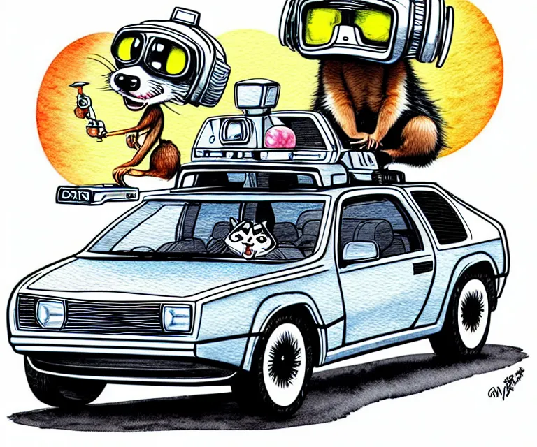 Image similar to cute and funny, racoon wearing a helmet riding in a tiny silver color hot rod dmc delorean with oversized engine, ratfink style by ed roth, centered award winning watercolor pen illustration, isometric illustration by chihiro iwasaki, edited by range murata, details by artgerm