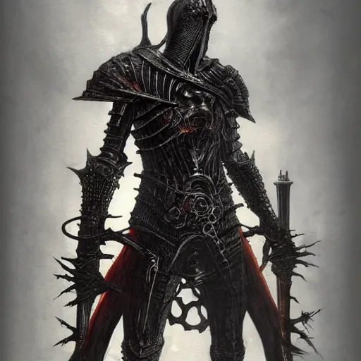 Image similar to a medieval styled cyborg armor, by hr giger, kentaro miura, wayne barlowe, bloodborne, dark souls, breathtaking, sense of awe, extremely detailed, intricate wiring,