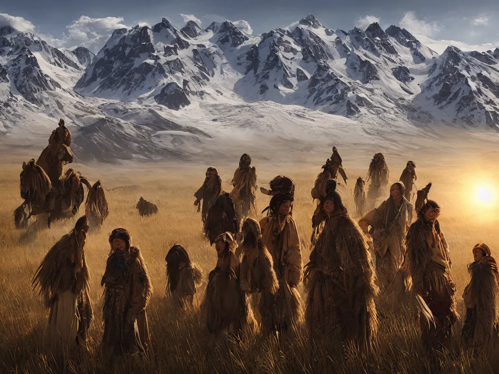 Image similar to a portrait of the mighty helianthus people, a nomadic mongolian tribe that worship the sunlight in a vast barren valley full of sunflowers that are withered dry, with glaciers peaking through fog in the distance, by Greg Rutkowski, Sung Choi, Mitchell Mohrhauser, Maciej Kuciara, Johnson Ting, Maxim Verehin, Peter Konig, Bloodborne, macro lens, 35mm, 8k photorealistic, cinematic lighting, HD, high details, atmospheric