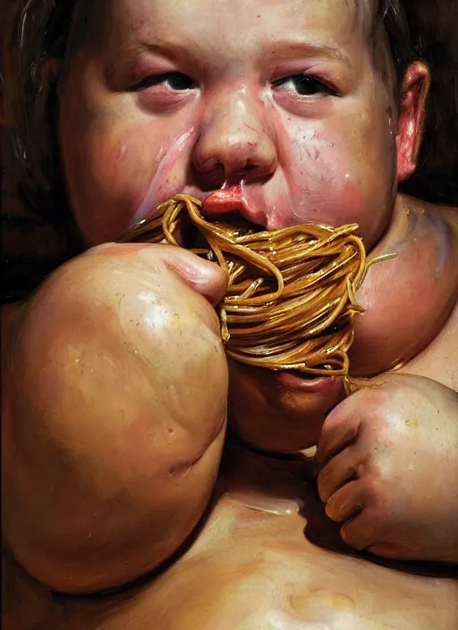 Image similar to high quality high detail painting by jenny saville, hd, a fat man eating spaghetti, photorealistic lighting