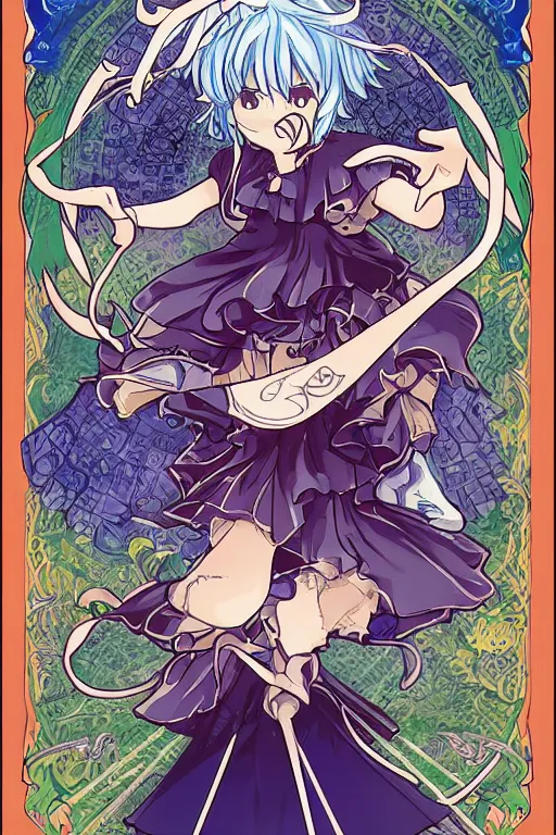 Prompt: cirno, touhou project, official artwork, intricate, amazing line work, colorful, tarot cards, the devil tarot card