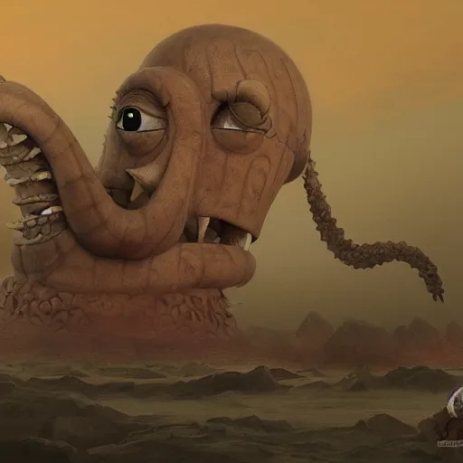 Prompt: squidward as a monster boss, matte painting