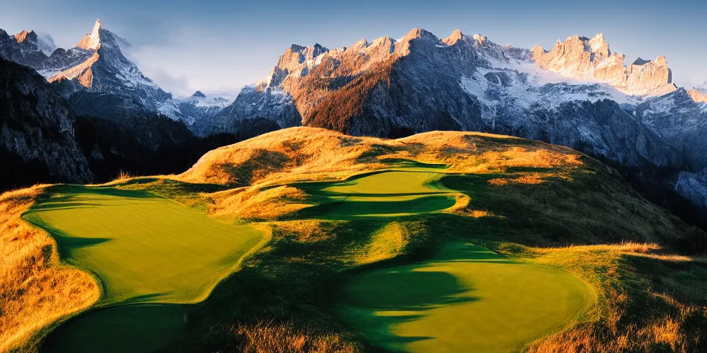 Image similar to a great photograph of the most amazing golf hole in the world, perfect light, over a cliff, in the swiss alps, high above treeline, ambient light, 5 0 mm, golf digest, top 1 0 0, fog