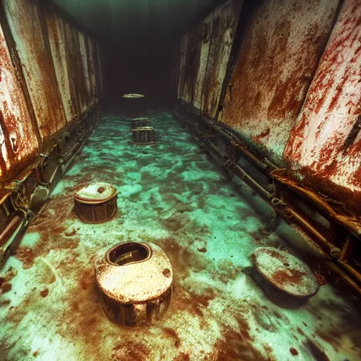 Image similar to abandoned rusty underwater city, surreal, horror, eerie, creepy, murky water, underwater, underwater photography, dark, submechanophobia, animatronics,