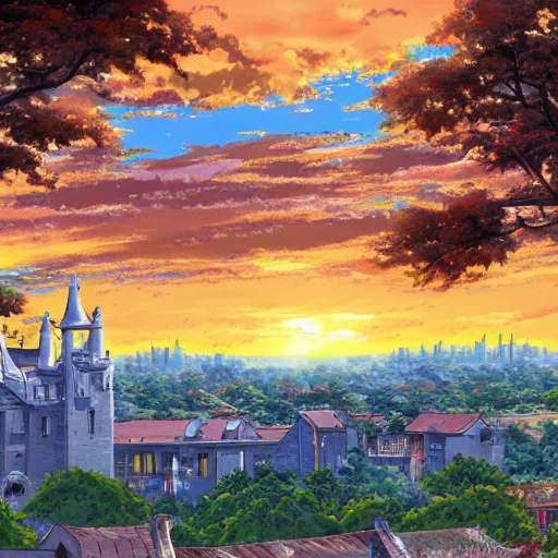 Image similar to anime digital art view from castle balcony sunset