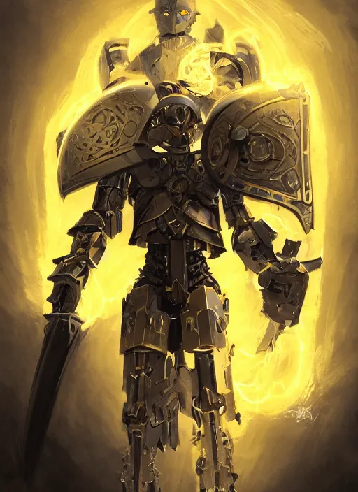 Image similar to full body, dynamic attack position abstract portrait of a intricate glorious holy mechanical warforged character in yellow armor holding a paladin engraved great longsword drawn and carrying a big paladin shield, glowing eye, face in focus, pit droid, epic , trending on ArtStation, masterpiece, cinematic lighting, by Ross Tran and by Greg Rutkowski