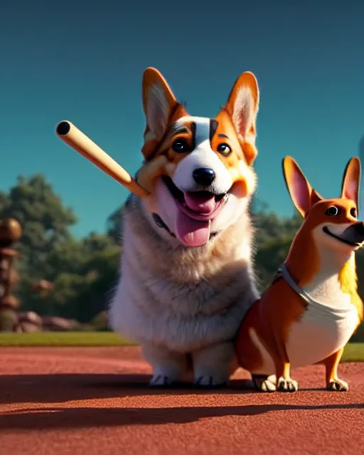 Image similar to weta disney pixar movie still photo of funny corgi with baseball bat : : dog by pixar : : by weta, greg rutkowski, wlop, ilya kuvshinov, rossdraws, artgerm, marvel, maxim cover, latex, octane render, sweaty, iridescent, bright morning, anime, liosh, mucha : :