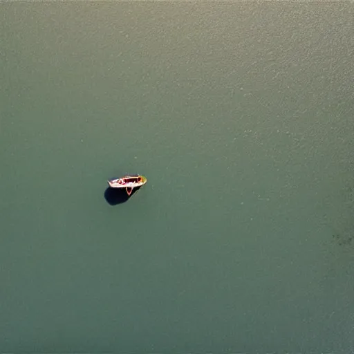 Image similar to aerial view of a lone boat in the middle of the ocean. art in the style of Duy Huynh. detailed. sharp W-1024 H-1024