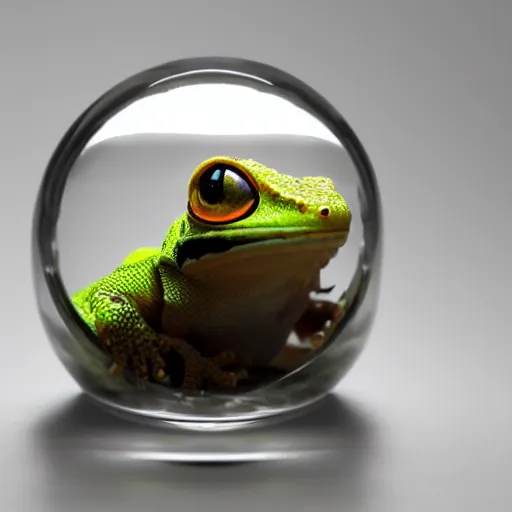 Prompt: gecko sitting inside a glass cube