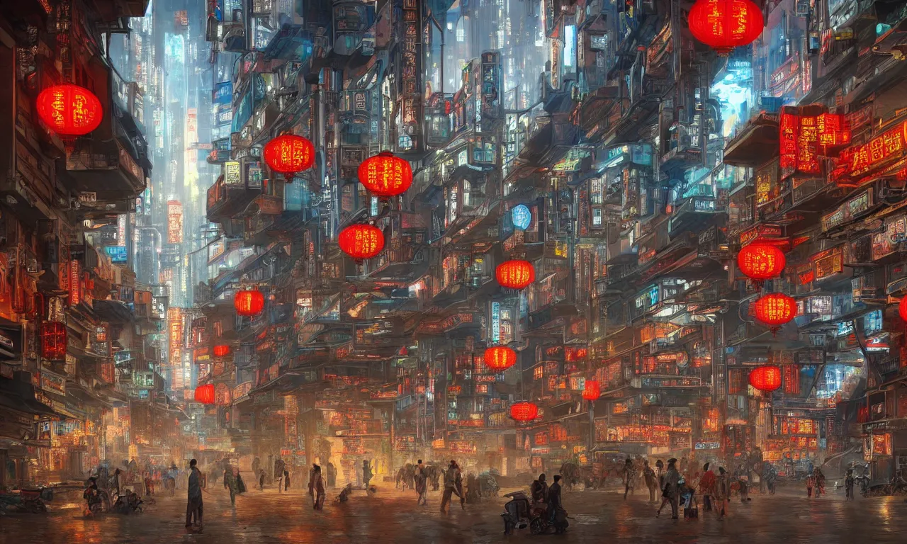 Prompt: Interior of a Chinese cyberpunk city, by Jeff Easley, trending on artstation