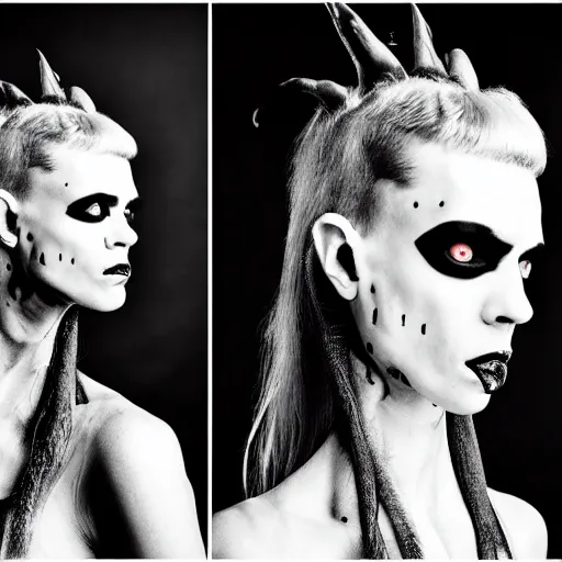 Image similar to photoshoot die antwoord black and white freaky alien