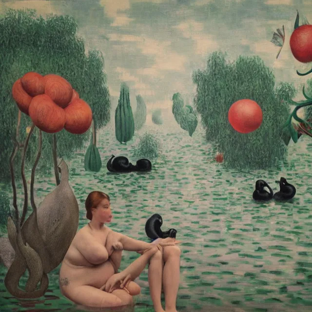 Prompt: painting of flood waters inside an art gallery, sensual female emo art student, a river flooding indoors, pomegranates, pigs, ikebana, water, octopus, river, rapids, waterfall, black swans, canoe, berries, acrylic on canvas, surrealist, by magritte and monet