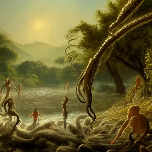 Prompt: a cinematic painting of alien tentacles emerging from the water of a river, hoards of people are gathering around the riverbed, wind blowing the leaves from the trees