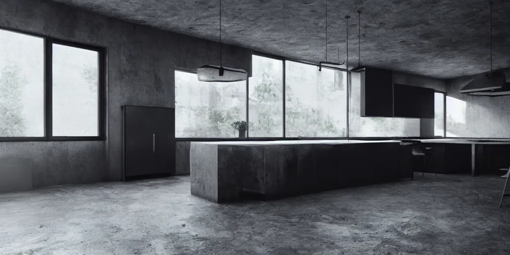 Prompt: brutalist black house kitchen interior design minimalist organic, organic architecture furniture ominous dark powerful giant open space high quality octane render blender 8 k