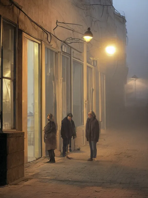 Image similar to film still of post - soviet suburbs, lights are on in the windows, deep night, post - soviet courtyard, cozy atmosphere, light fog, street lamps with orange light, several birches nearby, several elderly people stand at the entrance to the building