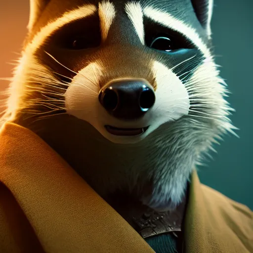 Image similar to a portrait of a devious racoon, cinematic lighting, 8k, 3d rendered in octane, trending on cgsociety,