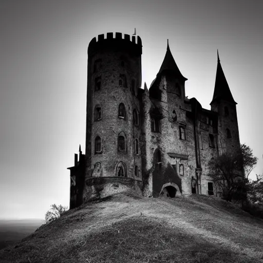 Image similar to Eerie Gothic castle on a hill above above a foreboding boggy landscape